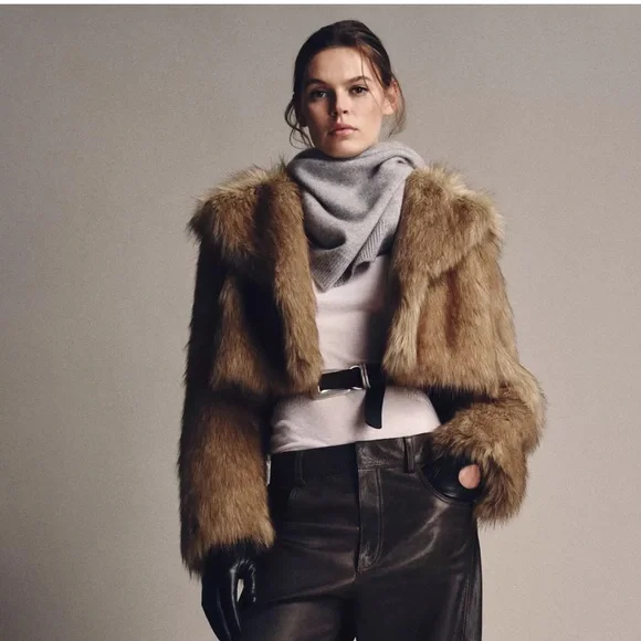 ZW COLLECTION FAUX FUR CROPPED JACKET LARGE BROWN BEIGE COAT 3945/243 TAN - Picture 4 of 9